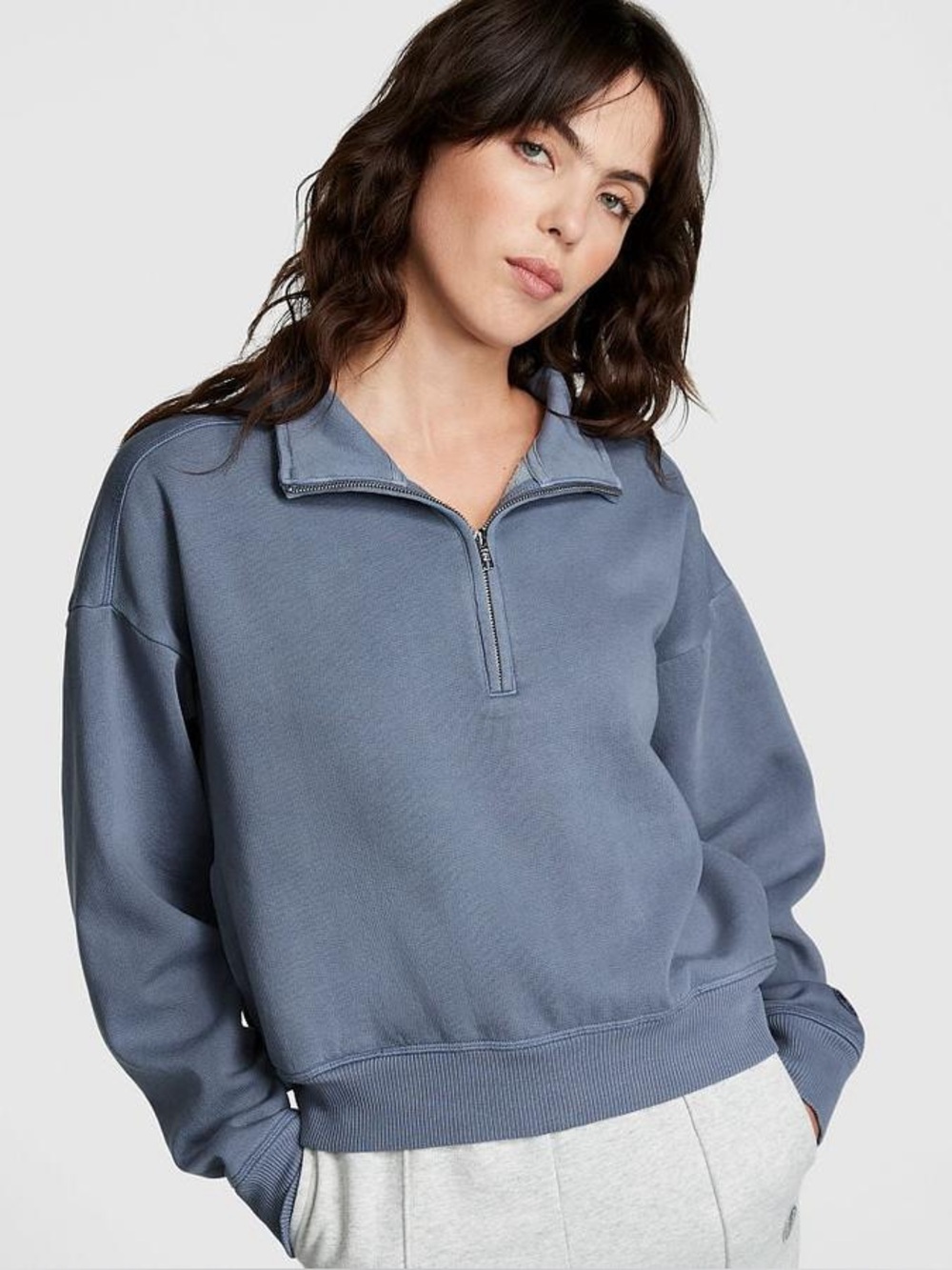PINK Victoria's Secret Ivy Fleece Quarter Zip Blue Sweatshirt Pullover XXL NWOT